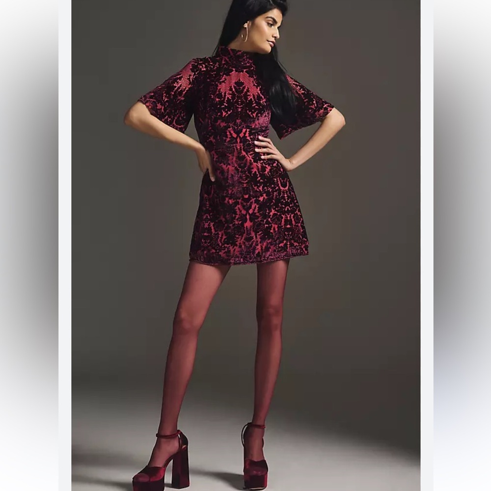 Anthropologie Mock - Neck Velvet Mini Dress